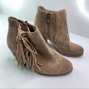 Vince Camuto Tan Suede Fringe Block Heel Ankle Boots